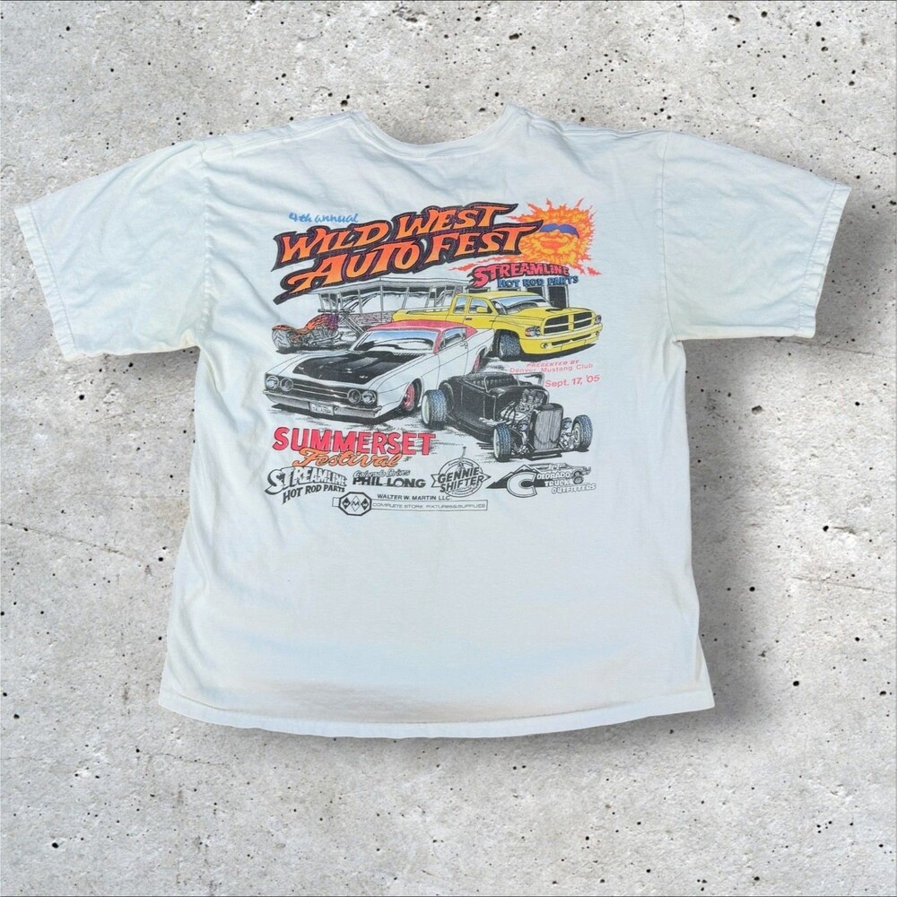 Vintage 2005 Wild West Auto Fest Denver Mustang Club T-Shirt XL White Hot Rod